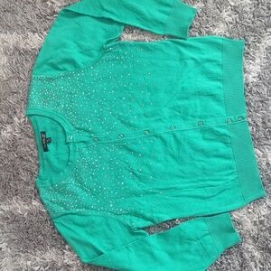 Top Knits XL green cardigan button up rhinestone long sleeve NWOT
